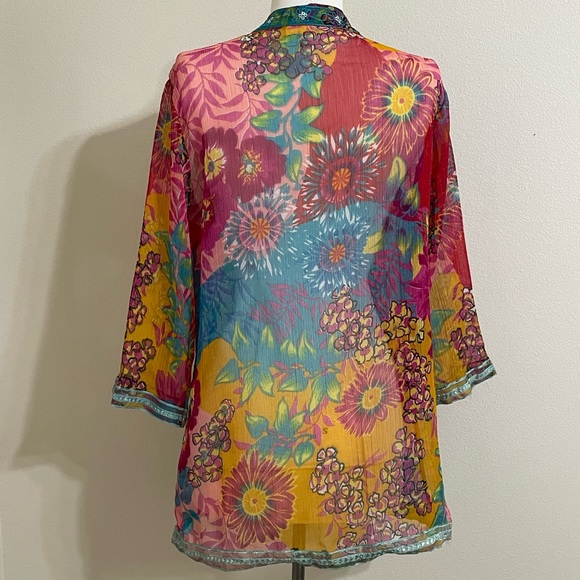 VINTAGE CHARMS Womens Pink Blue Floral Print Embroidered Tunic Size Medium - Picture 5 of 11